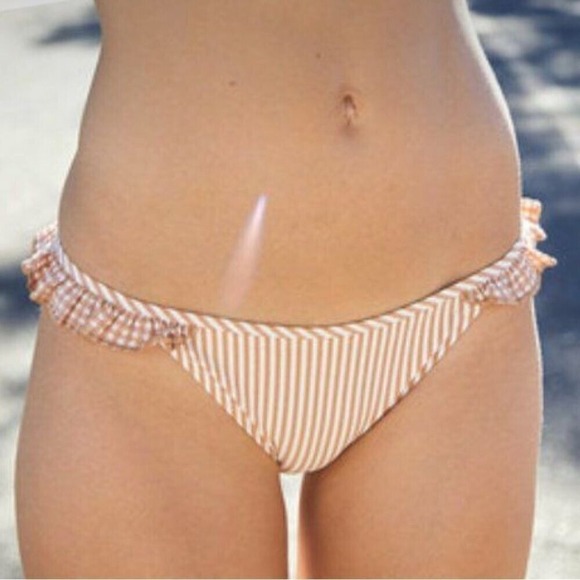 Aerie Striped Bikini Bottoms Ruffle Trim Swim Bottom Beach‎ Tan White Size XXS - Picture 1 of 6